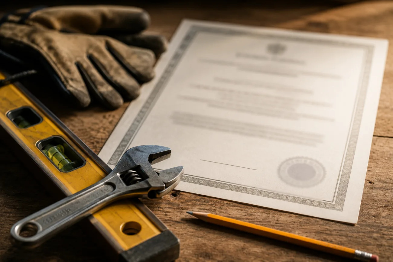 A compliance certificate on a workbench with installer tools