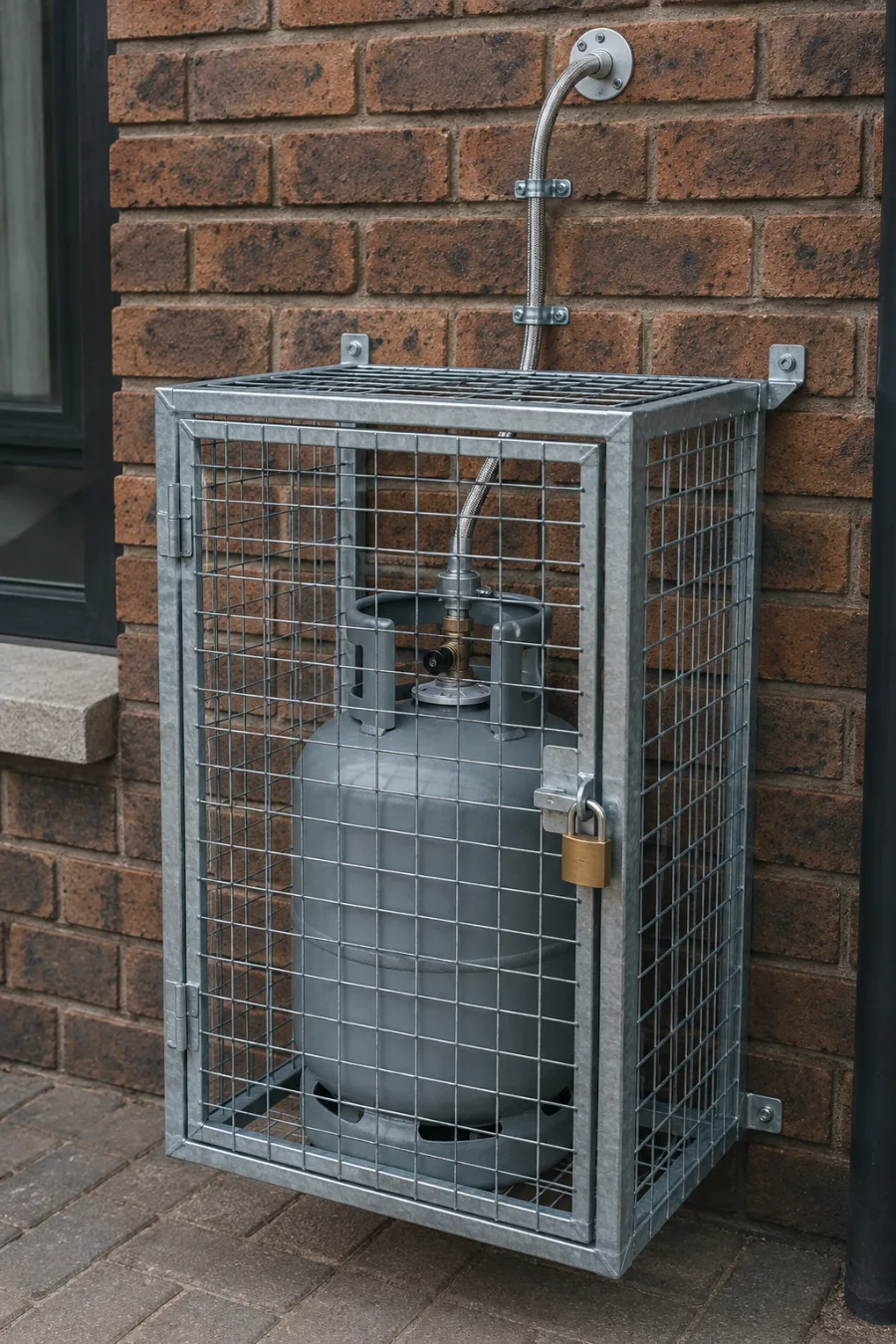 A 19kg gas cylinder locked in a galvanised cage on an exterior wall