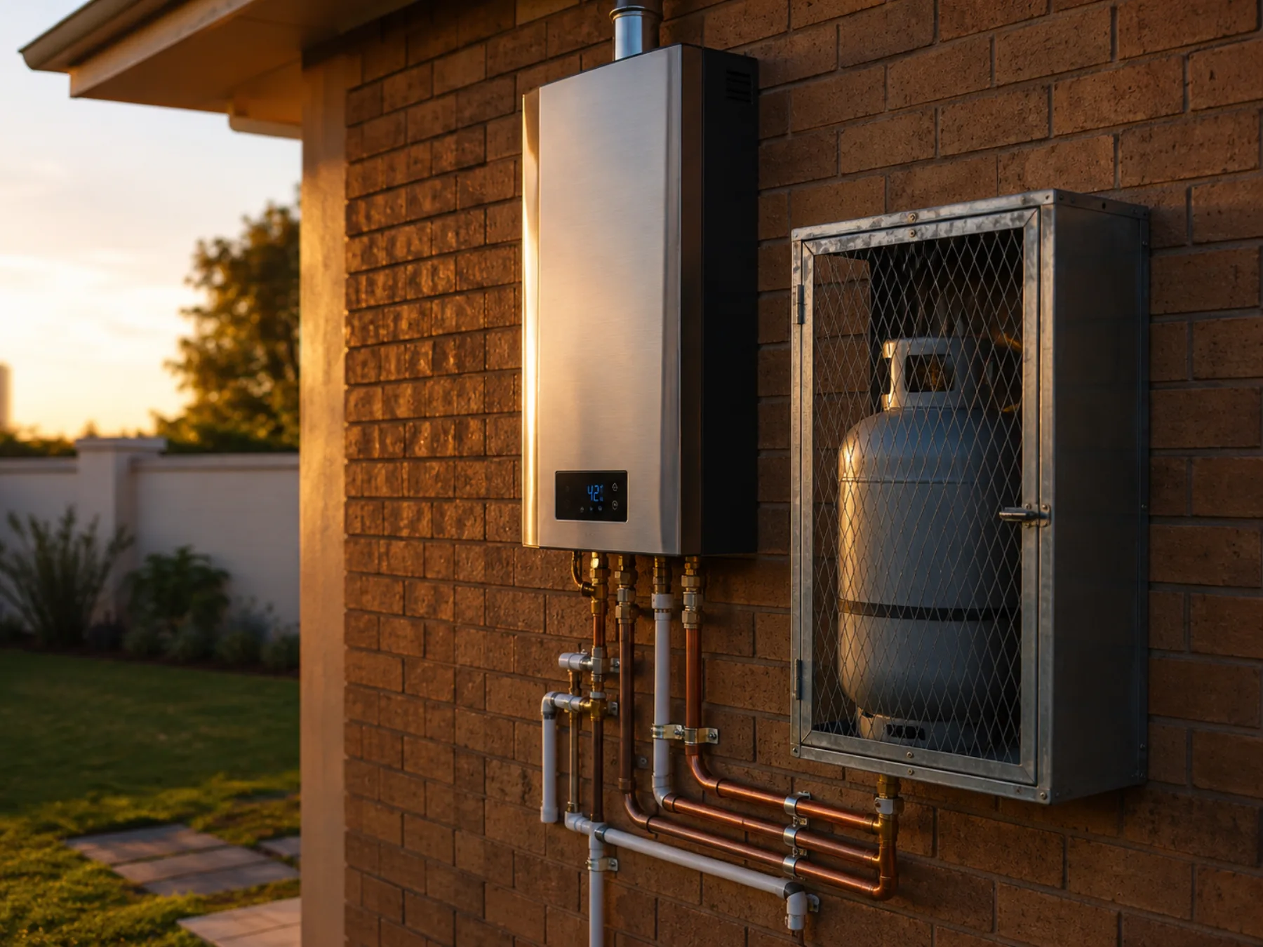 Gas geyser and cylinder cage installed on the wall of a Gauteng home
