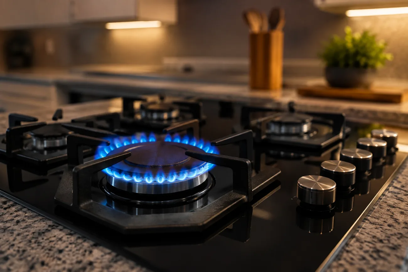 A black glass gas hob with a blue flame burning in a modern kitchen