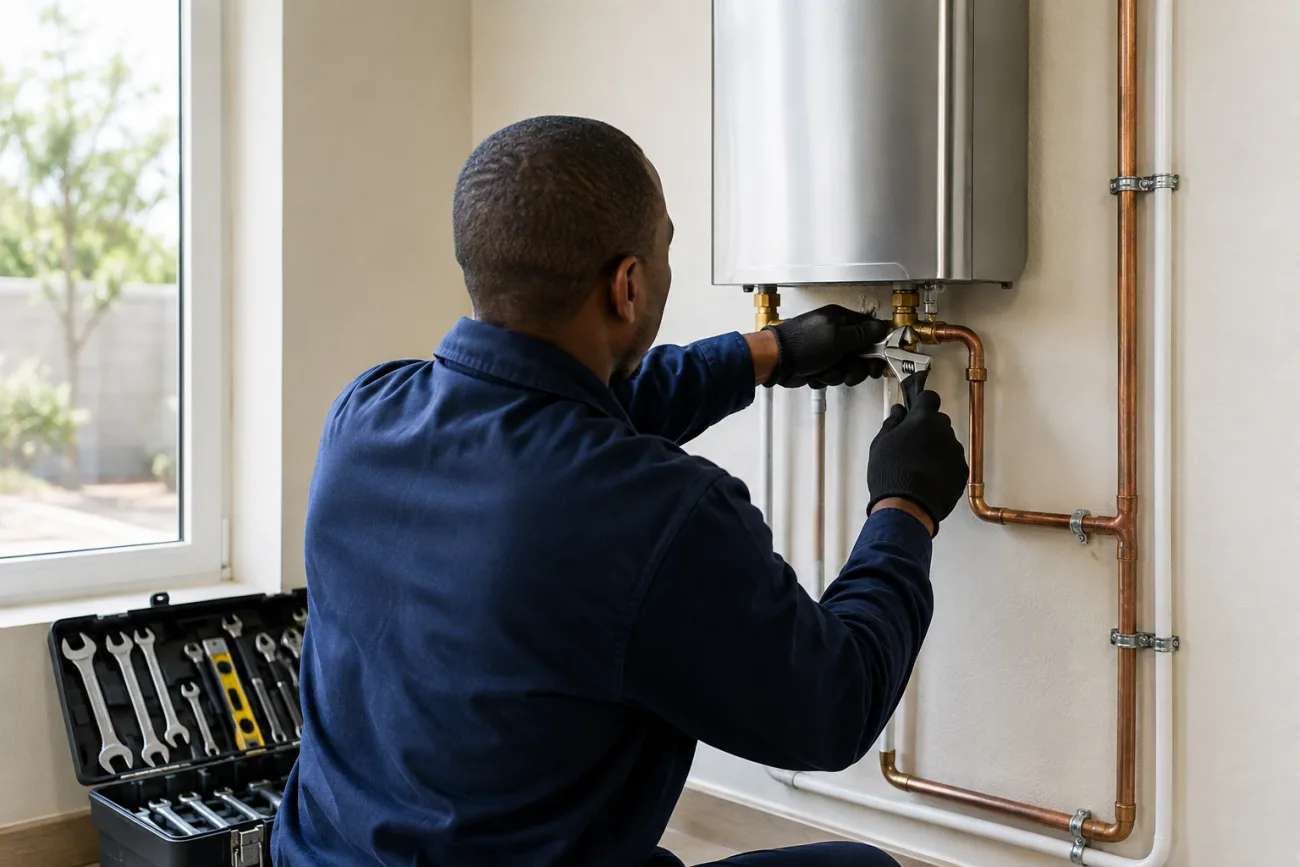 Installer fitting a gas geyser