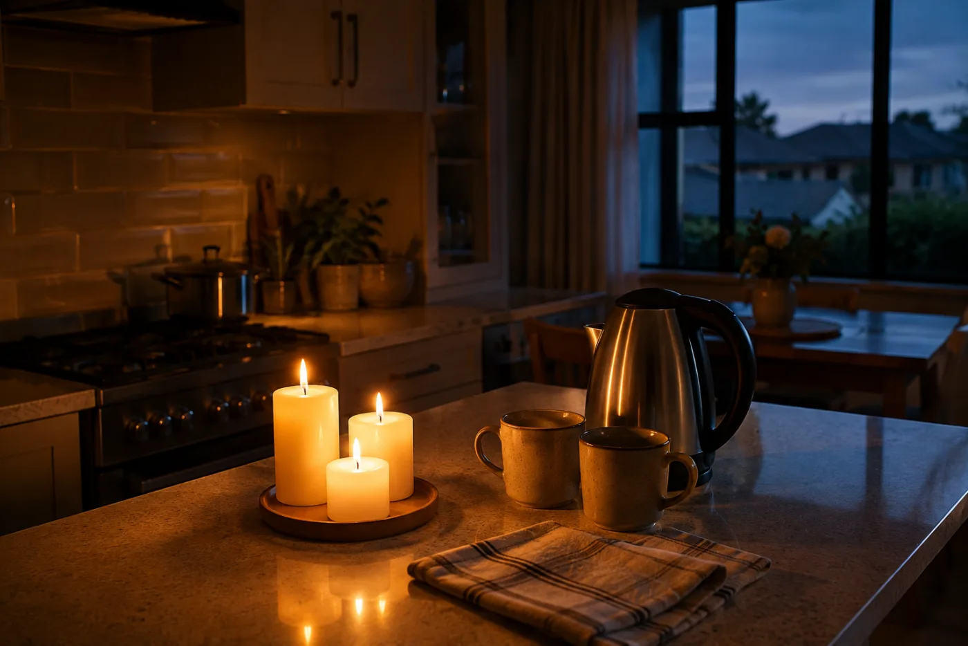 A Gauteng kitchen lit by candles during a power outage