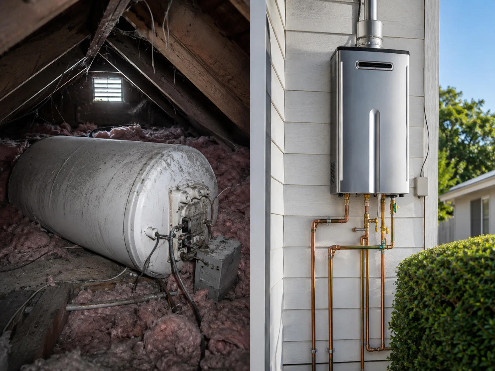An old electric geyser in a roof space beside a modern wall-mounted gas geyser